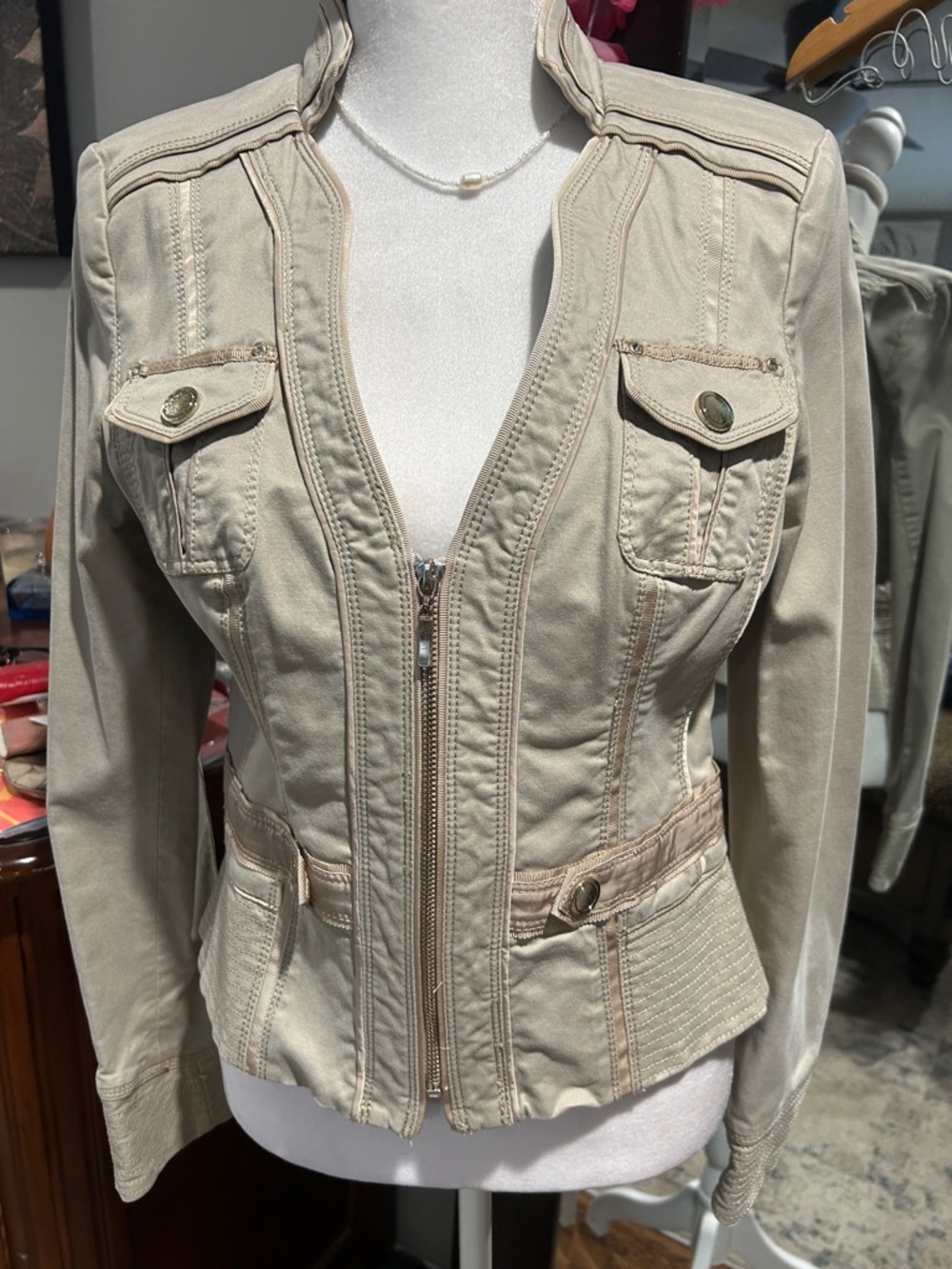 White House Black Market Light Beige Utility Jacket with Zip